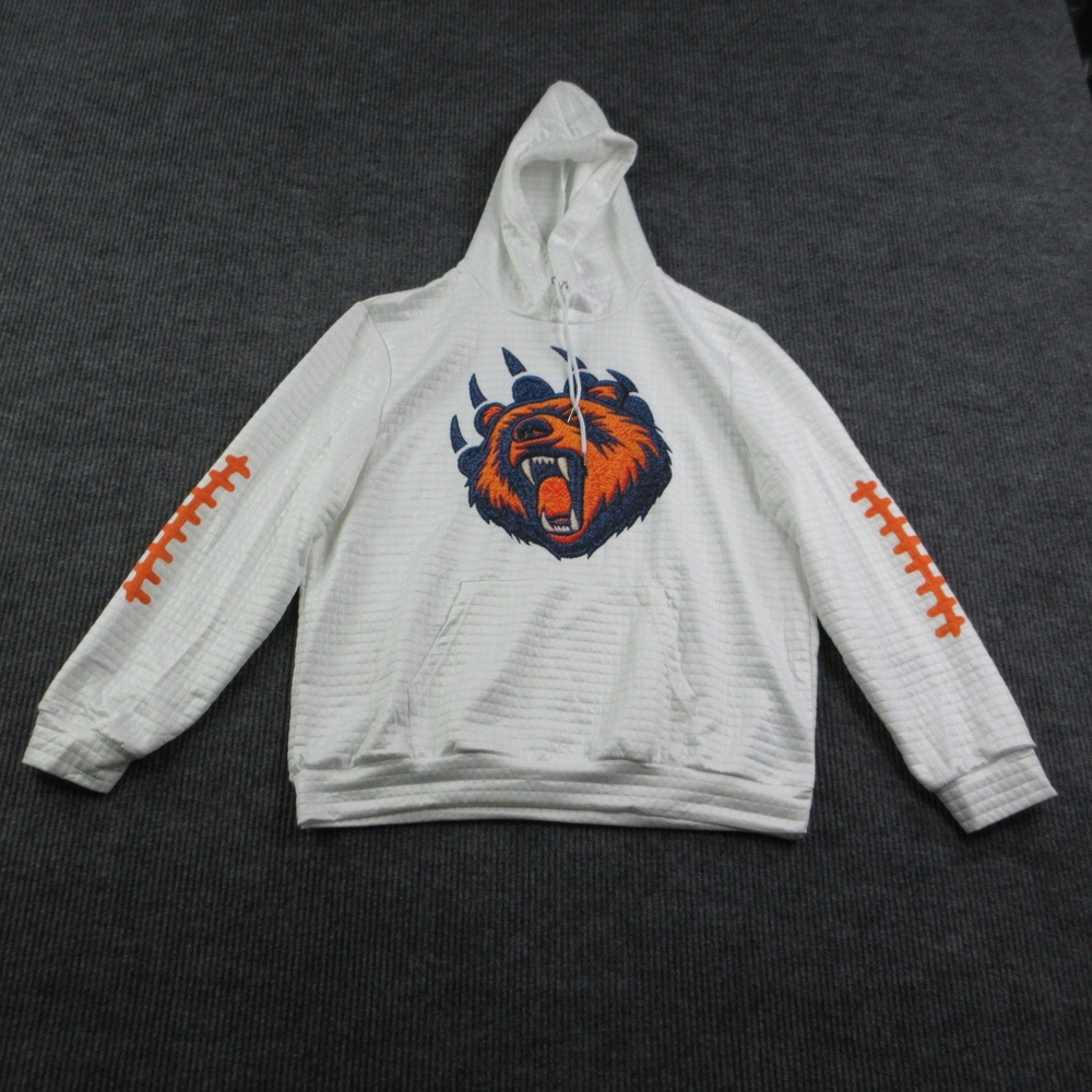 Bear Football Hoodie Mens 2XL White Hooded Pockets Embroidered Graphic Print Tee